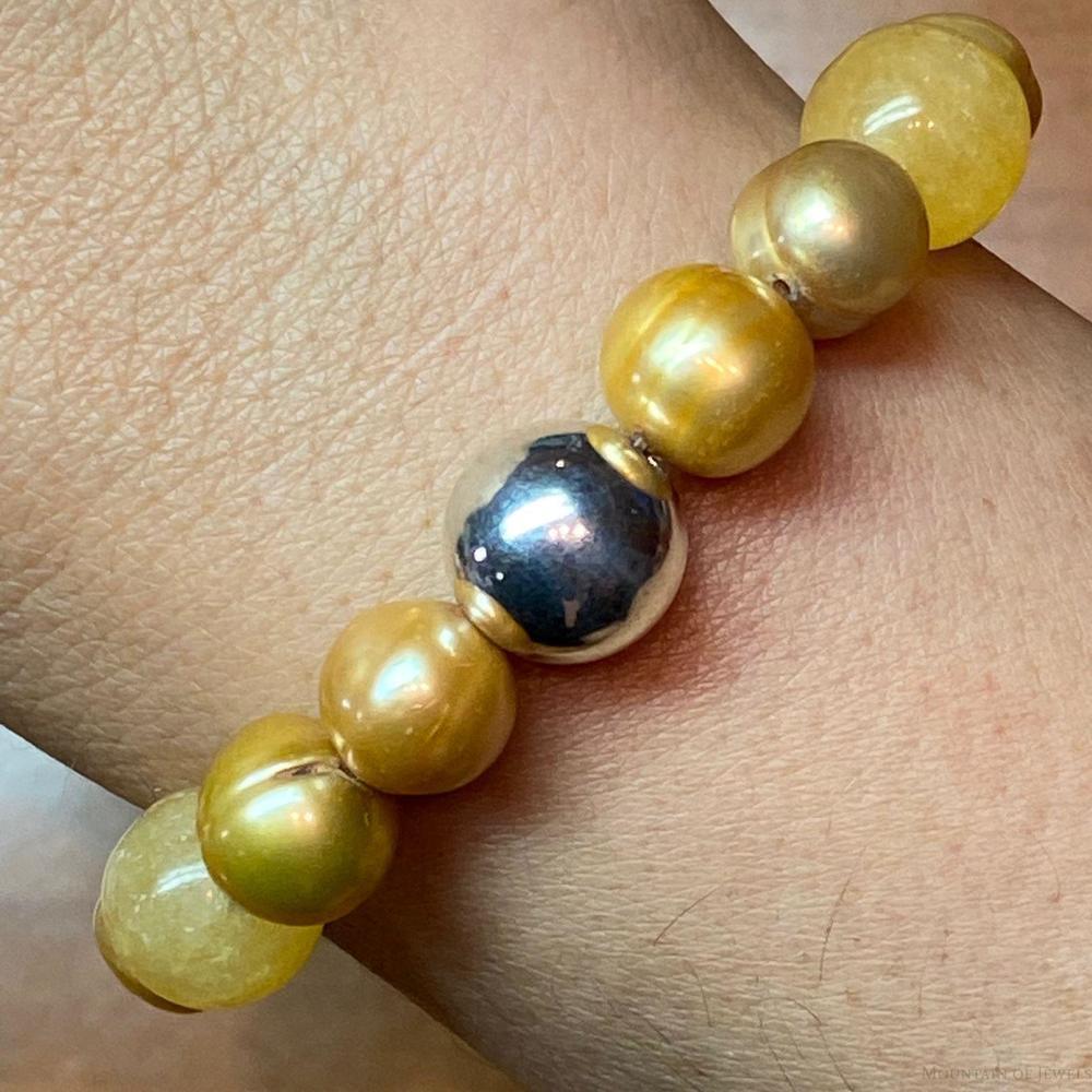 Carolyn Pollack Sterling Yellow Jade & Pearl Bead Stretch Bracelet For Women